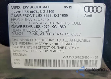 2019 Audi E-Tron Prestige z USA, uszkodzony, nr VIN WA1VABGE2KB014435